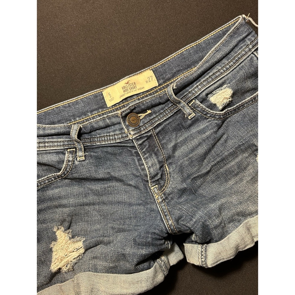 Hollister Midi Short Jean Denim Shorts 5/27 Cuffed 5-Pocket Medium Wash Micro